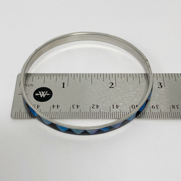 Vintage Abalone Shell & Onyx Triangle Inlay Silver Tone Bangle 8” - Picture 5 of 6